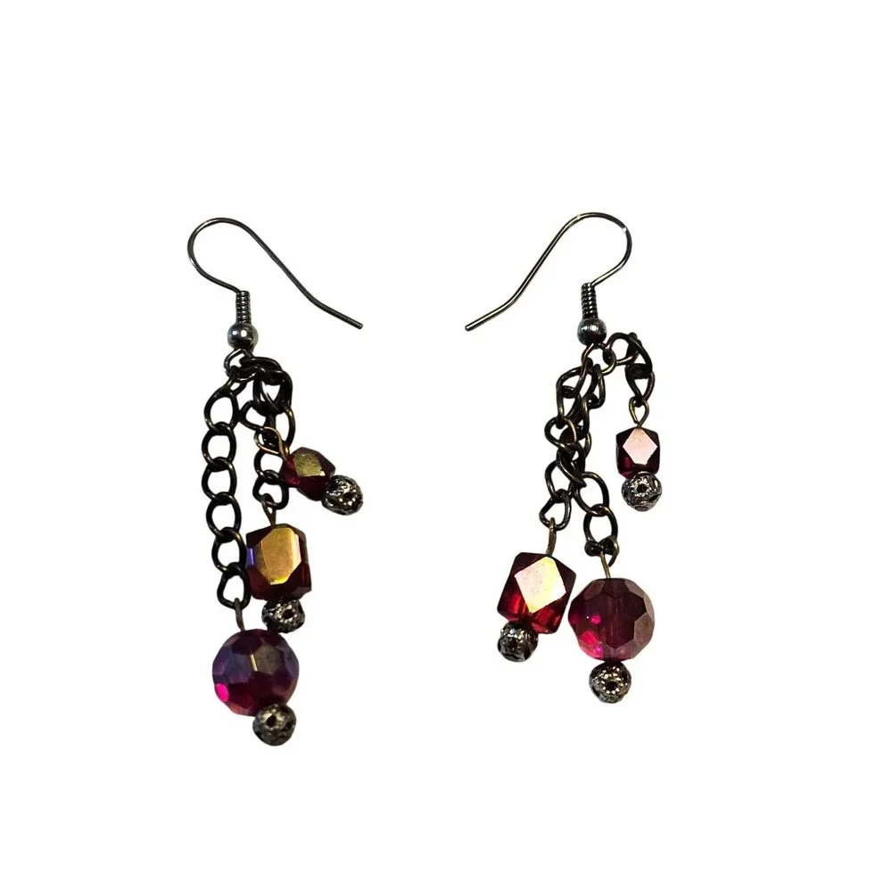 Swarovski AB Red & Silver Beaded Dangle Earrings Silver Hook‎ Back